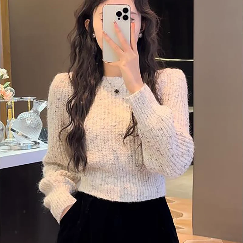 Korean Fashion Autumn Winter Women Solid O-Neck Bright Silk Screw Thread Pullover Sweater Fleece Thicken Long Sleeve Knitted Top