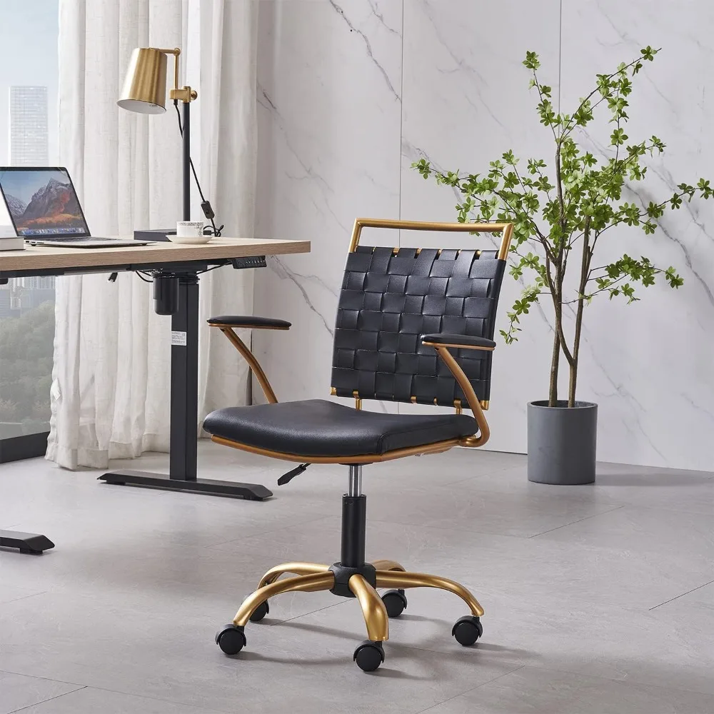 

Black and Gold Desk Chair Mid Back Ergonomic Swivel Computer Desk Chair with Arms Ergonomic BlackLeather Chair for Lumbar Suppor