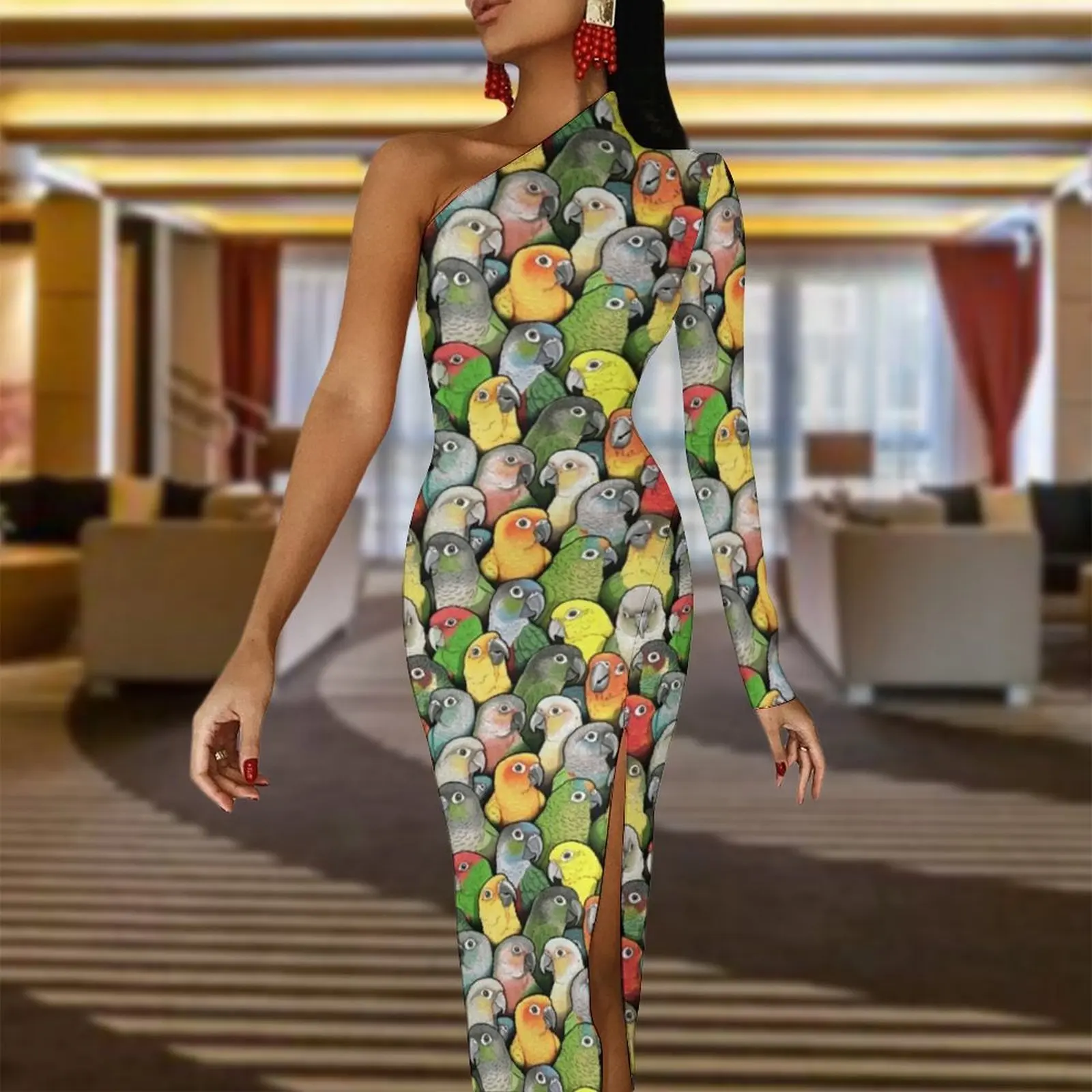 Kolorowa sukienka Maxi z papugą na jedno ramię z nadrukiem zwierzęcym Estetyczne sukienki bodycon Jesienna elegancka sukienka damska Vestidos