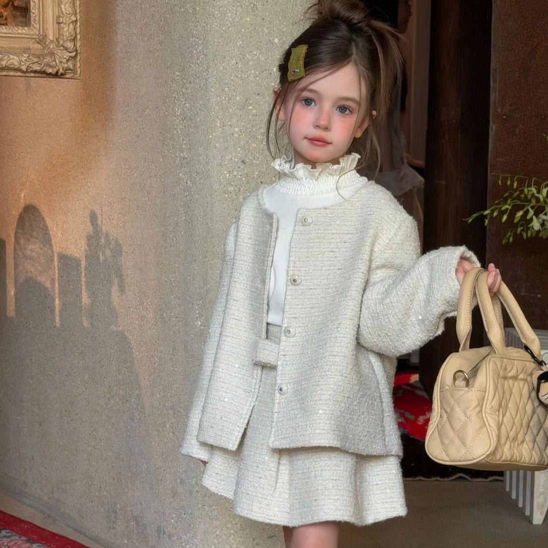 Girls Suit 2026 Spring and Autumn New Childrens Clothing Korean Girl Baby Temperament Solid Color Coat Pleated Skirt Two Sets