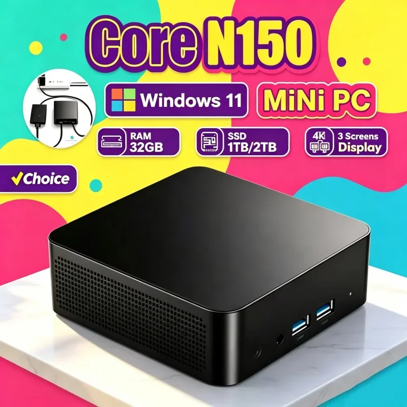 2026 Solid Core N150 MINI PC Windows 11 Smooth Touch Pocket Sized Console RAM 1TB SSD WIFI 6 BT5.2 4K HD Mini Gaming