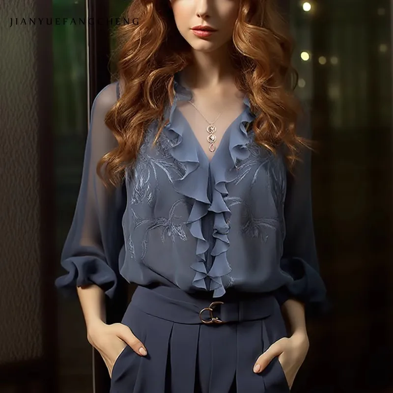 2025 été léger en mousseline de soie haut femmes brodé volants bord col en v chemise ample décontractée printemps été Blouses