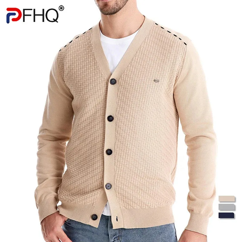 

PFHQ 2024 Autumn Winter New Men's Cardigan V-neck Knitted Sweater Slim Fit Trend Jacket Single Breast Male Tops 21Z6213