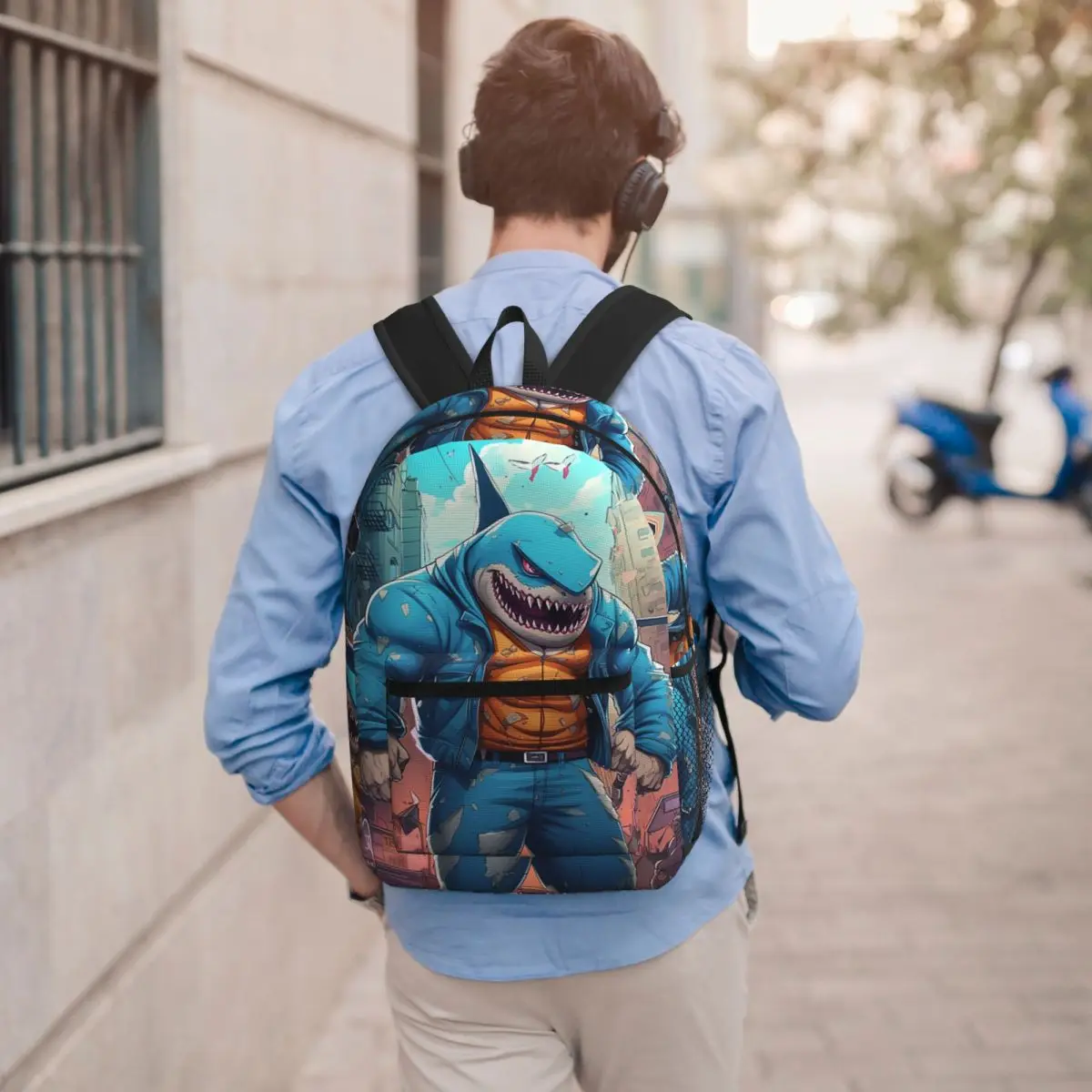 

Shark Man Print Backpack Student BookBag Children School Bag Computer Shoulder Bags for Men Women