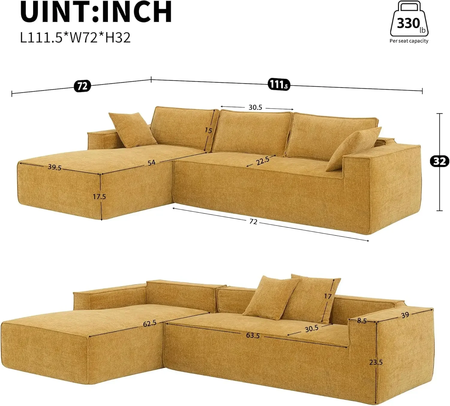 

111.5" L-Shape Sectional Sofa, Modular Sectional Living Room Sofa Set, Minimalist Style Couch