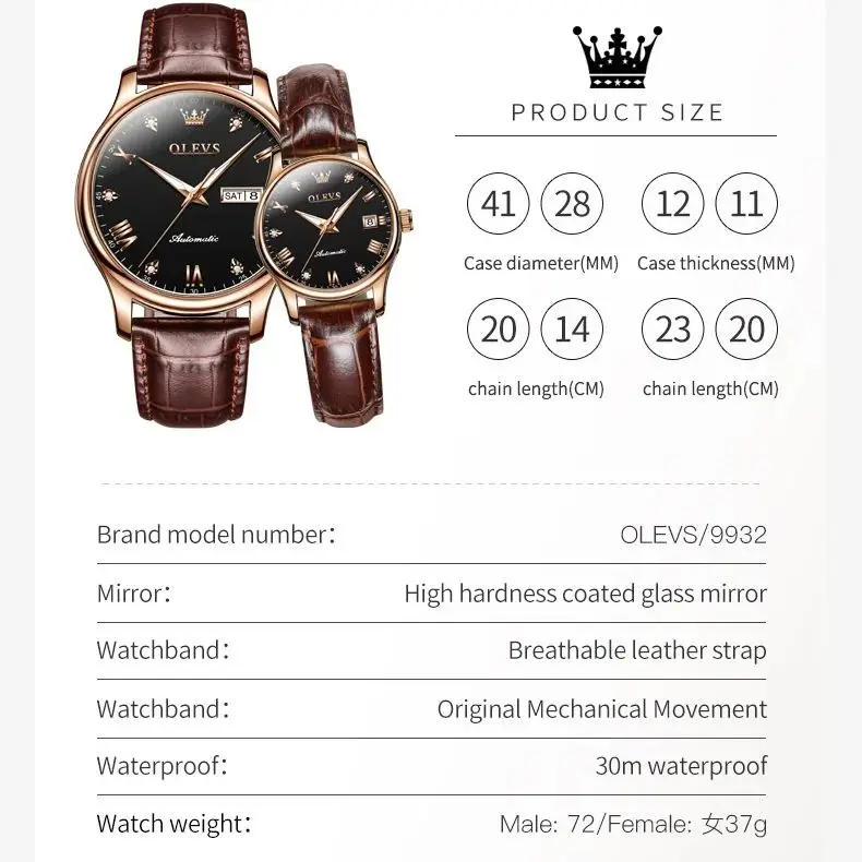 OLEVS 9932 Top Brand Luxury Automatic Mechanical Watch Date Waterproof Leather Male Female Couple Watch Lover Gift His Her Watch