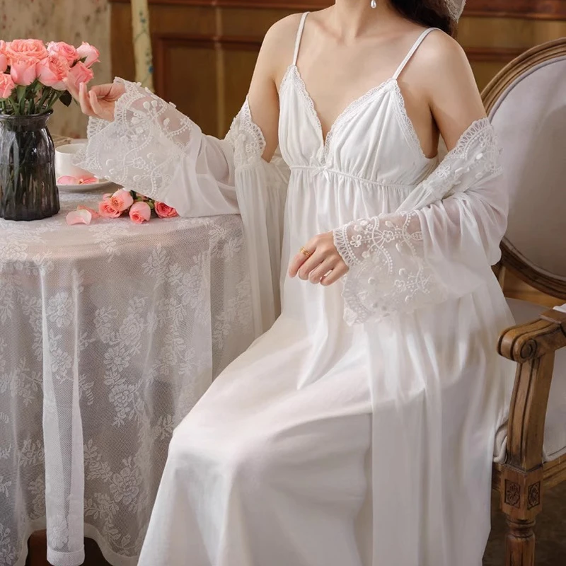 Princess Style Wedding Dress Suit Long Sleeve Vestidos De Novia Spring New Pijama Women Lace Embroider Flower Kimono Bathrobe