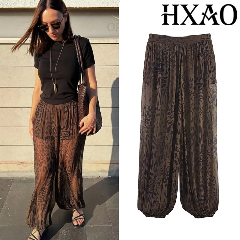 HXAO Damenhose mit Tiermotiv, Vintage-Baggy-Damenhose, Falten, halbtransparente Pumphose, Hose für Damen, Herbst-Palazzo-Hose
