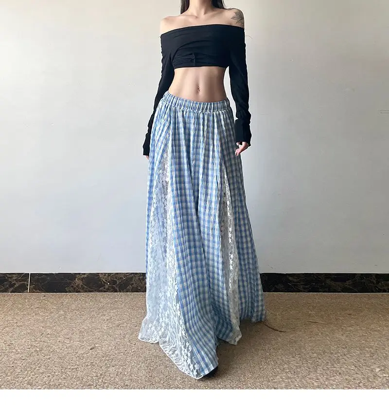 

Blue Plaid Splicing Lace Elegant Long Skirt Plaid High Waist Elastic Spring and Summer New Thin Temperament Women