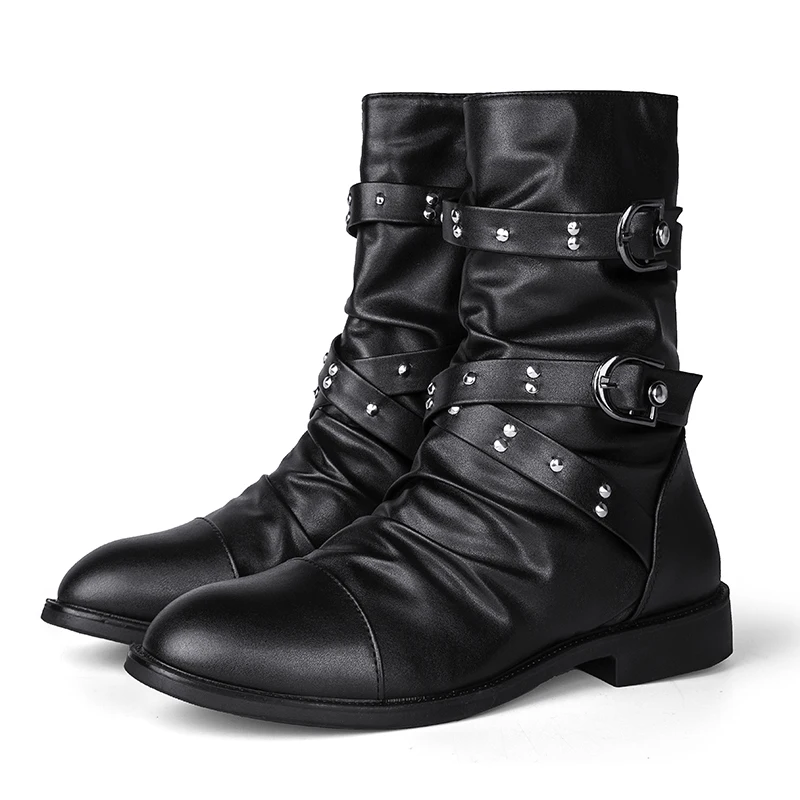 Men\'s Leather High Quality Mid Tube Boots FashionClassic Autumn Spring Black Punk Shoes Casual 2024New Odor prevention