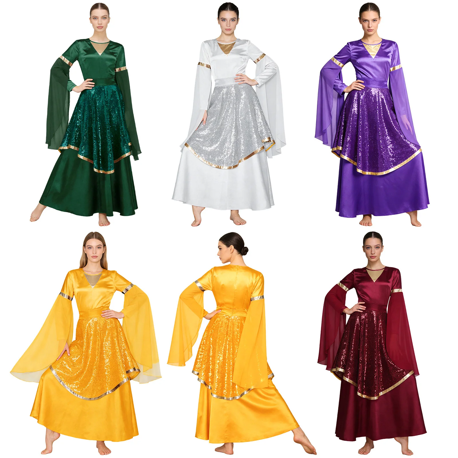 Women Liturgical Praise Dance Dress Outfit Long Sleeve Satin Tunic Gown with Sequin Skirt Worship Church Choir Lyrical Dancewear