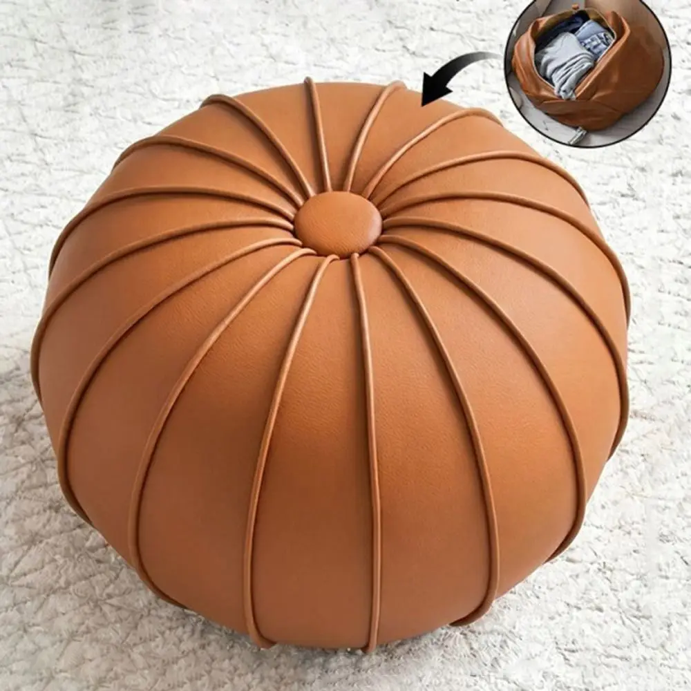 New Leather Fillable Ottoman Pouf Round Shape Luxury Style Round Pouf Cover Low Profile Storage Ottoman Sofa Side Use