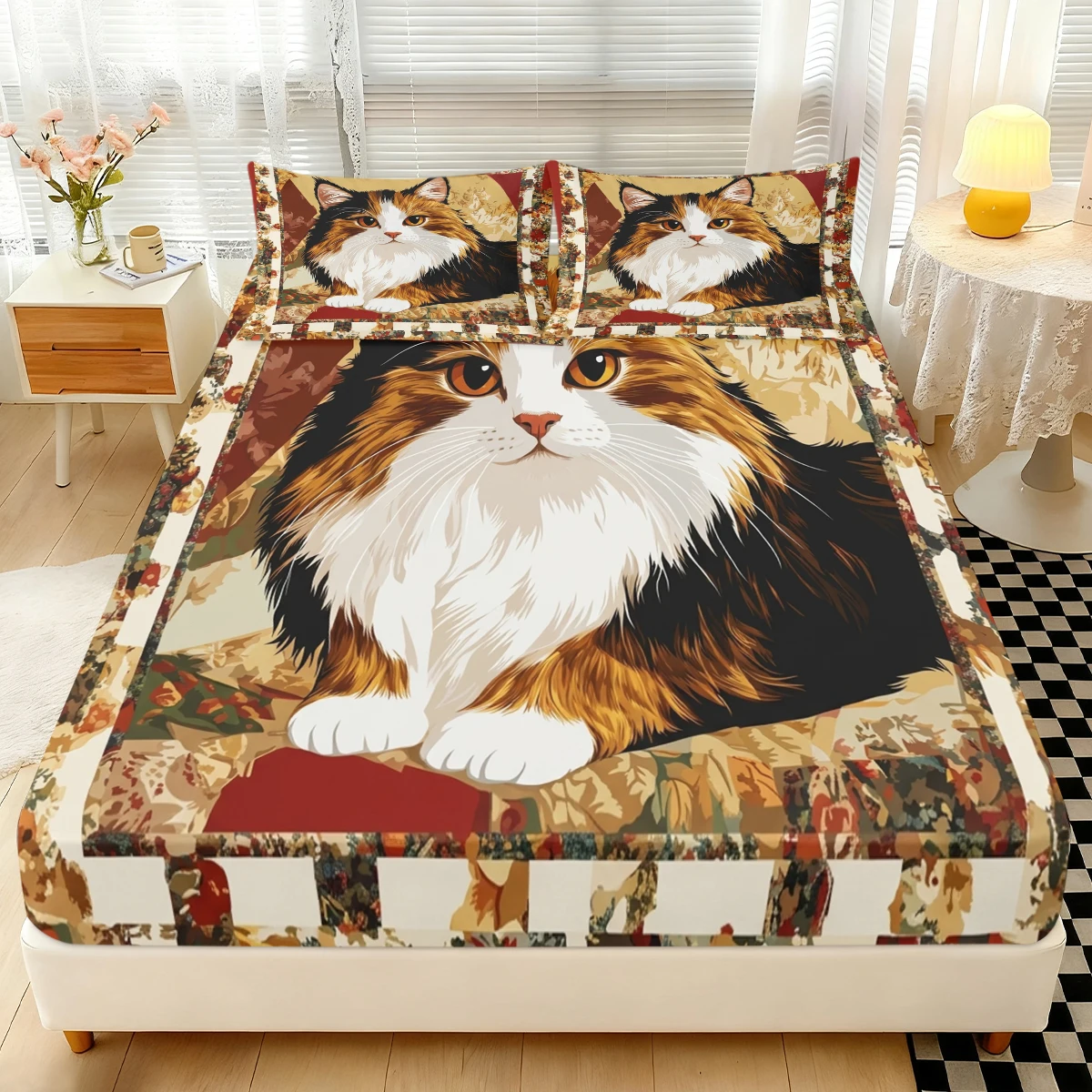 Retro Floral Patchwork Frame Kitten Fitted Sheet 3PCS,Country Style Long Fur Persian Cat Portrait Pattern Elastic Mattress Cover