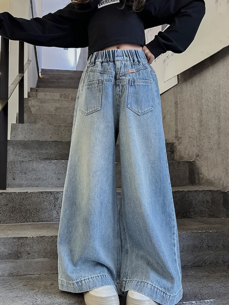 Mädchenhose, Jeans, 2024, neue Jeans, Frühlingsstil, weites Bein, Wischhose, einfacher lässiger Stil, Allgleiches, Kinderhose, einfach