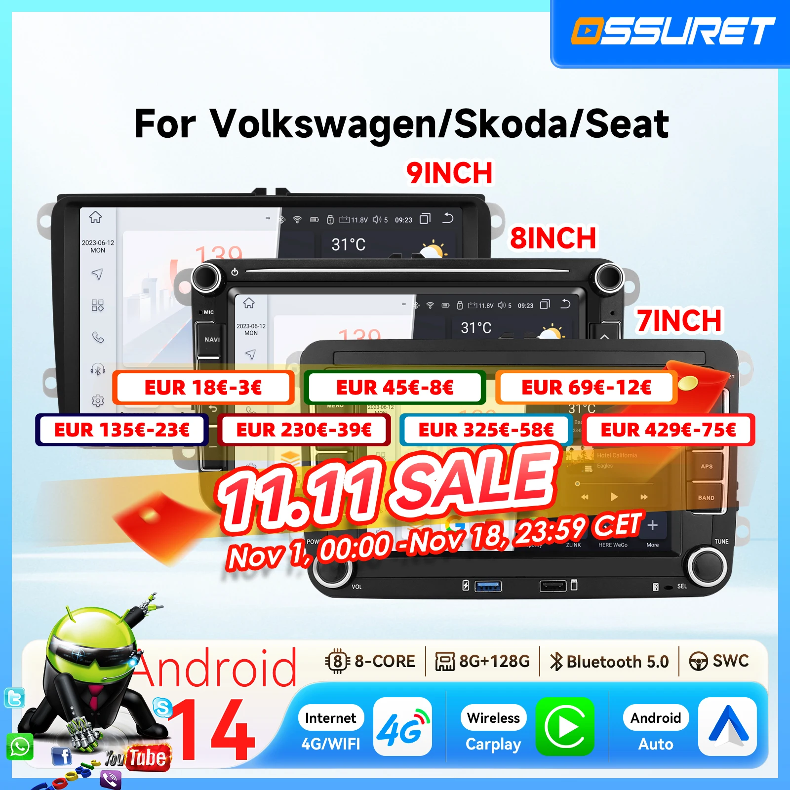 Autoradio 7/8/9" Carplay Android 14 pour VW POLO GOLF 5 6 PASSAT B6 JETTA TIGUAN SHARAN Seat Octavia Fabia Skoda Leon, lecteur multimédia GPS, écran intelligent, unité principale 2DIN