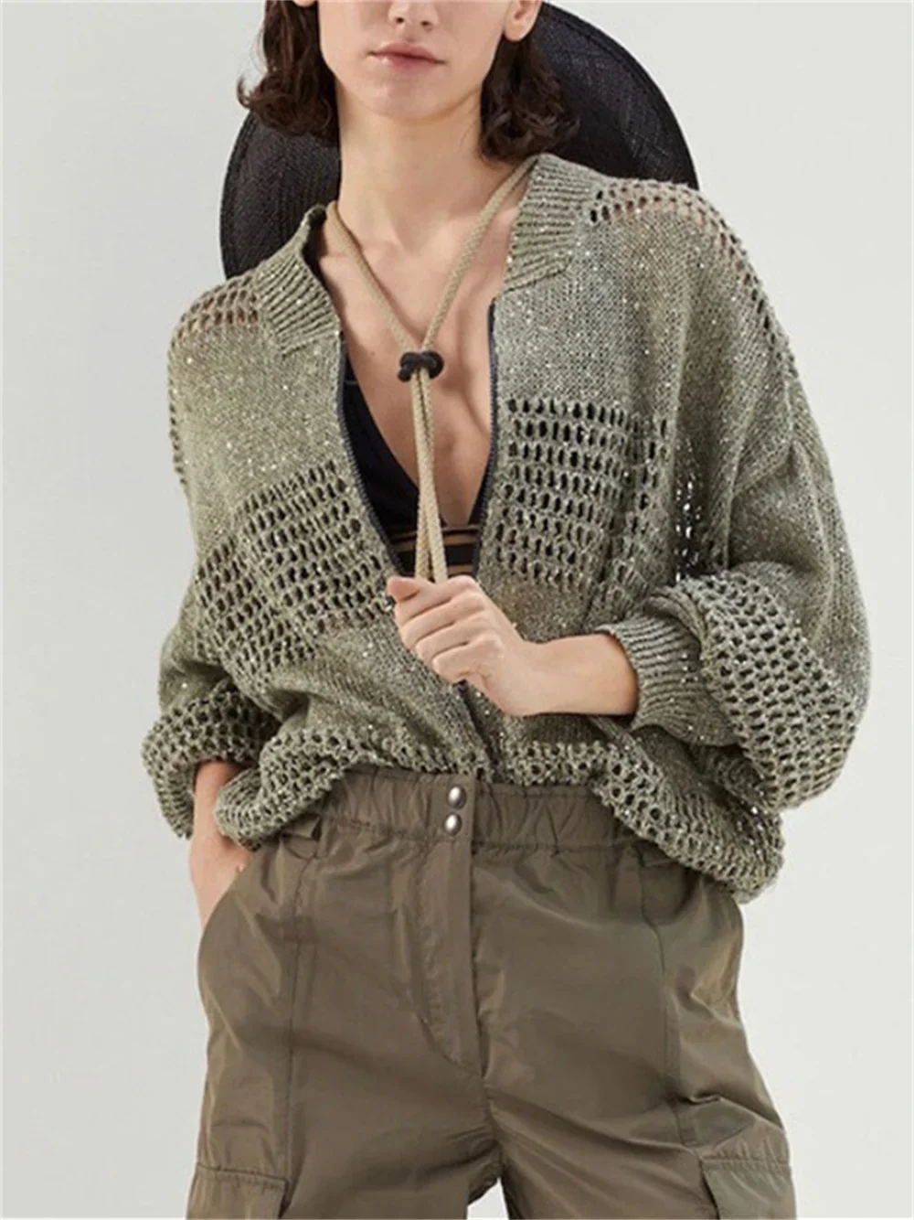 

Sweater for Ladies 2023 New Summer Linen Sequin Hollow Out Zipper Round-Neck Casual Fashion Long Sleeve Cardigan