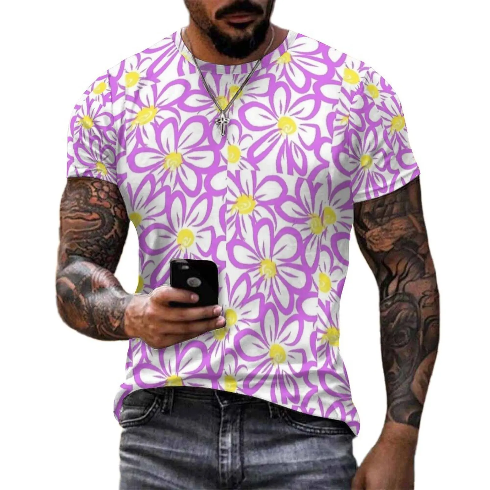 Mens Purple White Daisy Print T-Shirt  Hip Hop T Shirts Short-Sleeved Custom Tshirt Wholesale Summer Awesome Oversize Tees