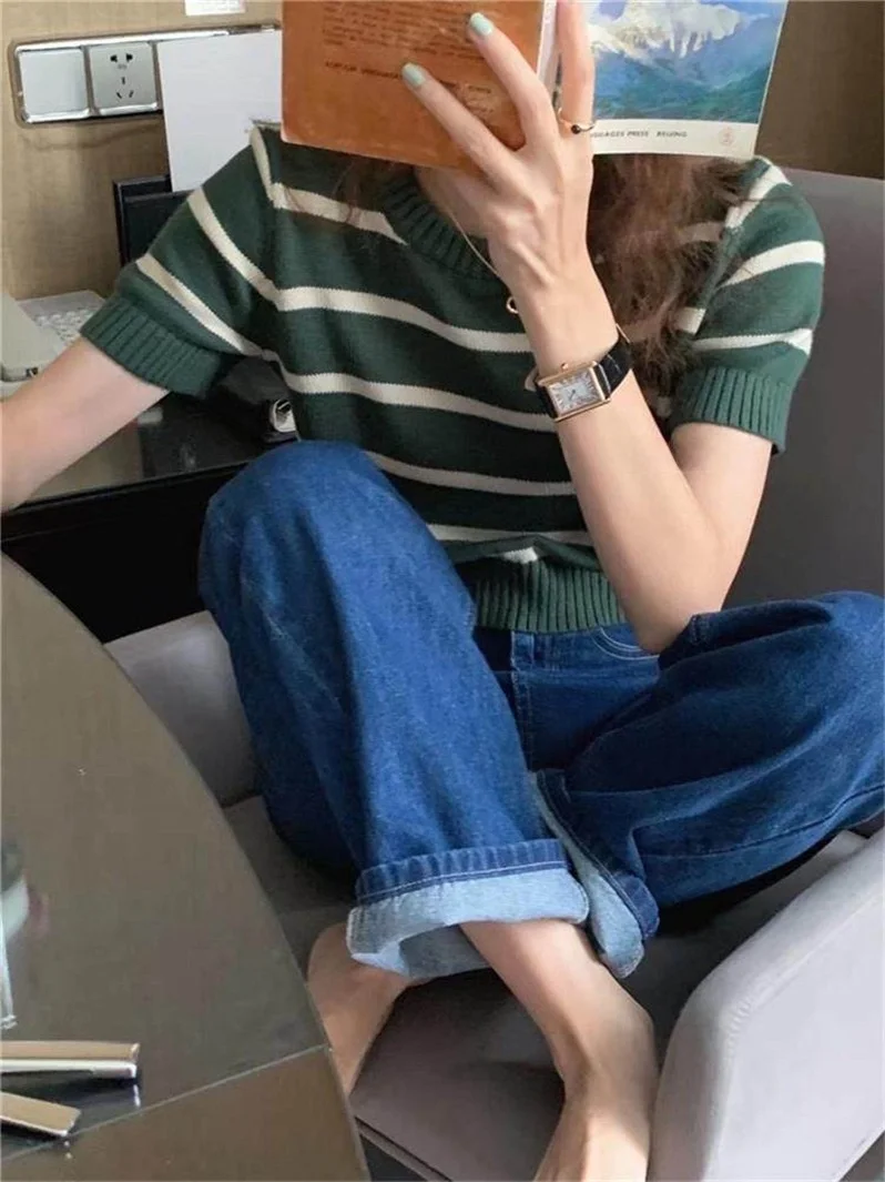 

Ретро корейский Sle ледяной шелк в полоску вязаный ор Све круглый пуловер Ne футболка женский модный топ повседневный для поездок на работу Sle