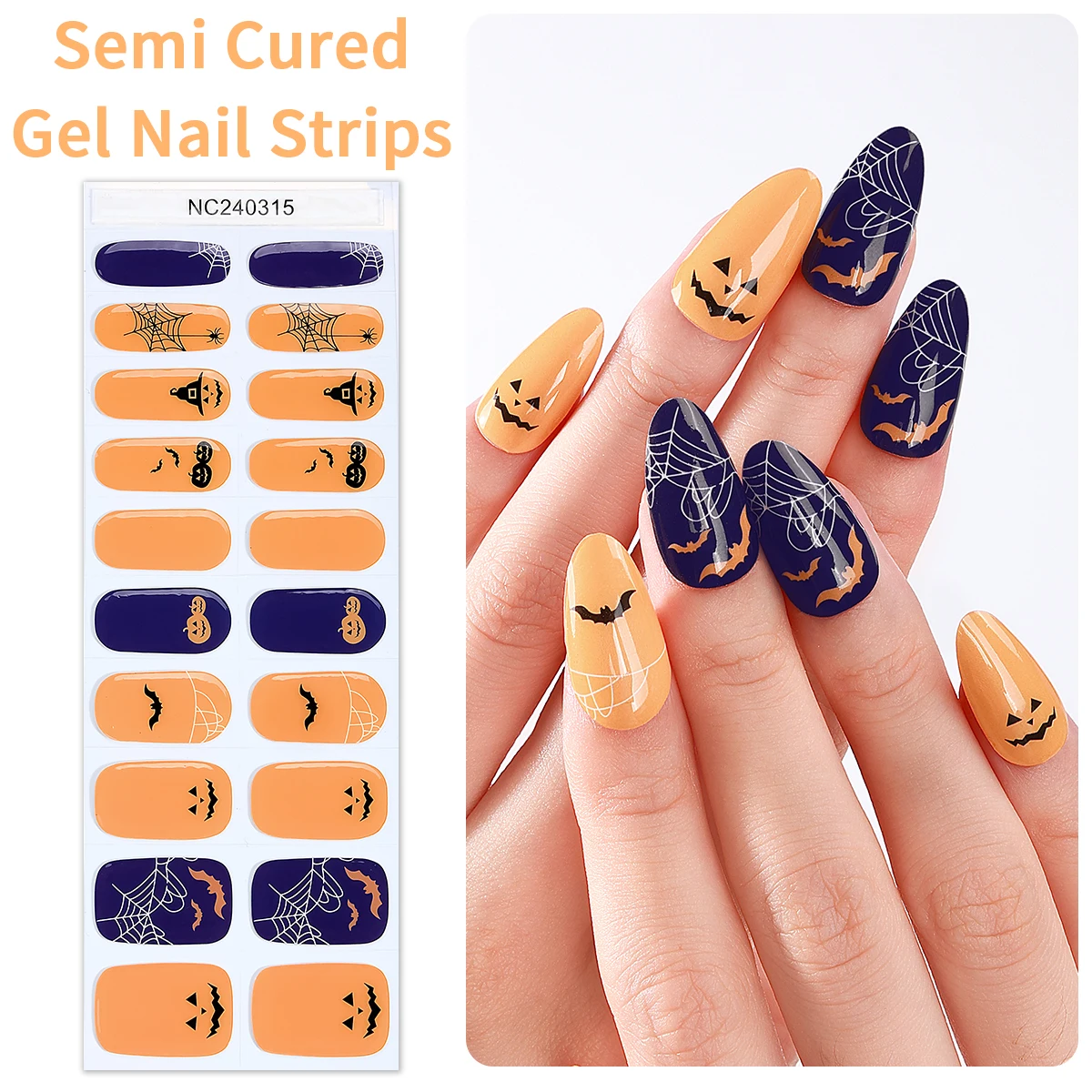 Halloween Semi Curado Nail Gel Tiras, Laranja, Preto, Abóbora, Morcego, Aranha, Etiqueta UV, Pressione em Unhas, Manicure Sliders, 3pcs