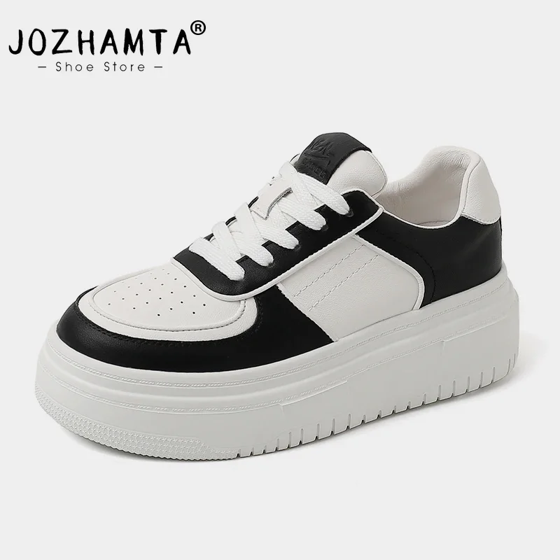 JOZHAMTA Sneakers Women Genuine Leather Flats Platform Shoes Round Toe Lace-Up Chunky Sneakers Women\'S Trainers Size 35-40