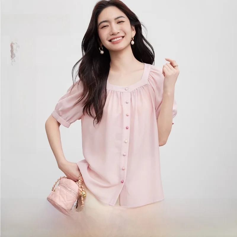 

Elegant Commuter Chiffon Top Women Loose Lightweight Shoulder Insertion Square Collar Candy Button Water Wave Texture Shirt