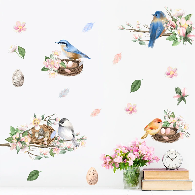 Beautiful Birds Sakura Flower Wall Stickers For Shop Office Studio Home Decoration Animal Mural Art Kids Room Decals Pvc Poster