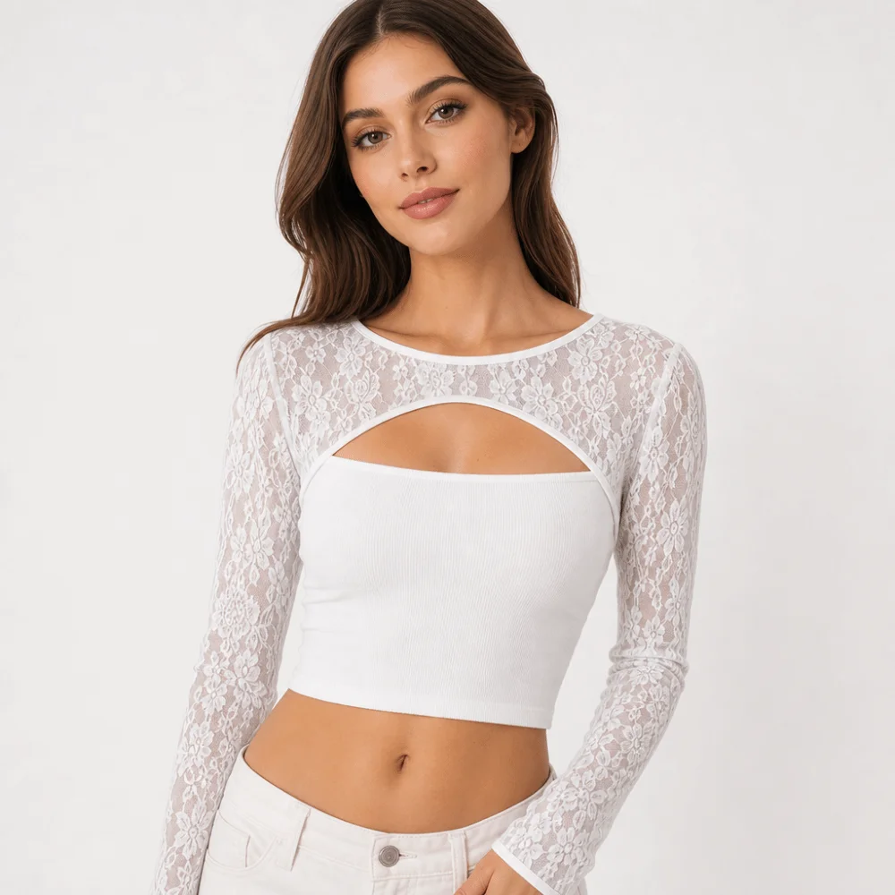 Stylish Solid Color Lace Long Sleeve Tops Breathable Sun Protection See Through Tops Elastic Slim Fit Mesh Cropped Tops