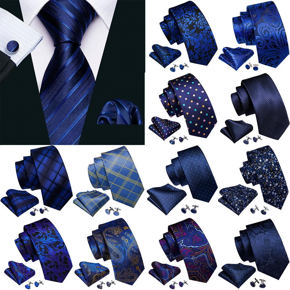 Business Blue Stripe Ties For Men Luxury Silk Woven High Quality Pocket Square Cufflinks Sets Formal Party Gifts Barry.Wang 5304