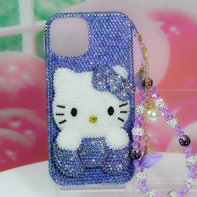 

Фиолетовый чехол Kt со стразами для Iphone 17 16 15 14 Pro Max Apple, чехол для мобильного телефона в стиле аниме «Hello Kitty», высококлассный подарок для девочек, защита от падения