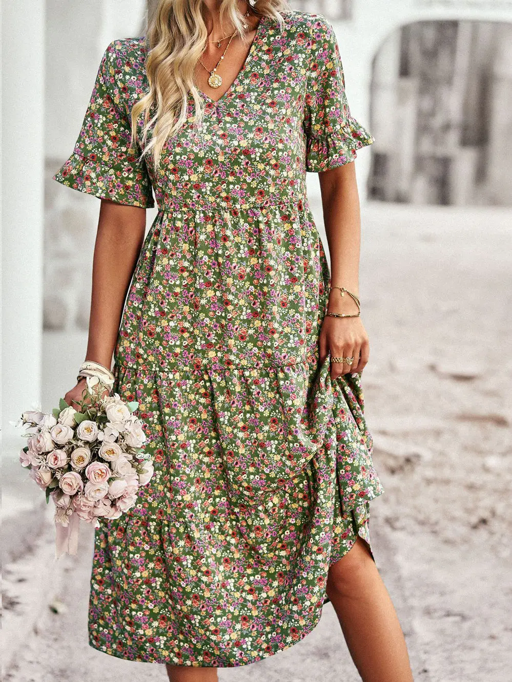 Zomer Dames V-hals Elegant Gedrukt Korte Mouw Hoge Taille A-lijn Bloemen Vakantiejurk