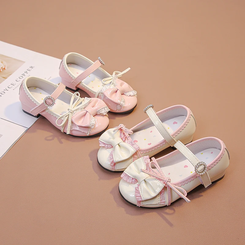 Four Seasons Girls All-Match Leather Mary Jane Shoes Bowknot Rhinestone Strap Non-Slip Soft Sole School Performance Daily Shoes