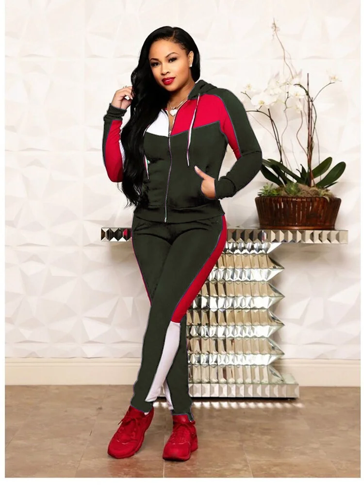 2023 Spring Two Piece Sets Womens Geo Print Long Sleeve Zip Up Hooded Top & Pants Set Outifits Fashion Tracksuits Casual Elegant