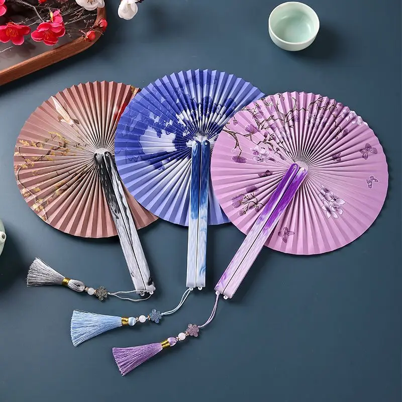 Paper Round Folding Fan with Tassel Magnetic Closure Portable Summer Cooling Daily Fan Hanfu Cheongsam Gift Chinese Style Fan