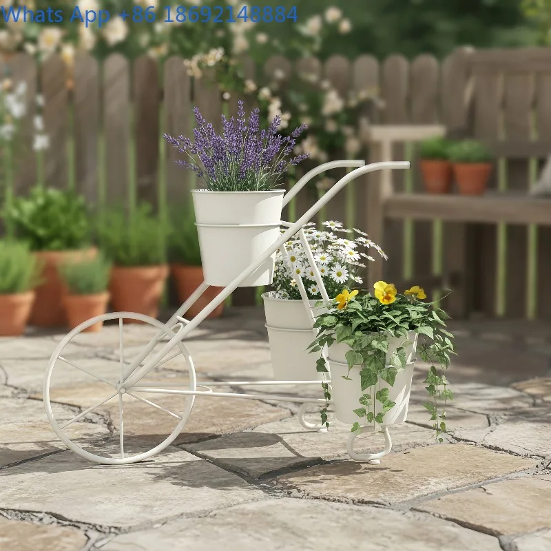Simple Iron Art Vintage Hand-Pushed Cart Three-Bucket Flower Stand Ornament Courtyard Garden Decoration Outdoor Floor Stand