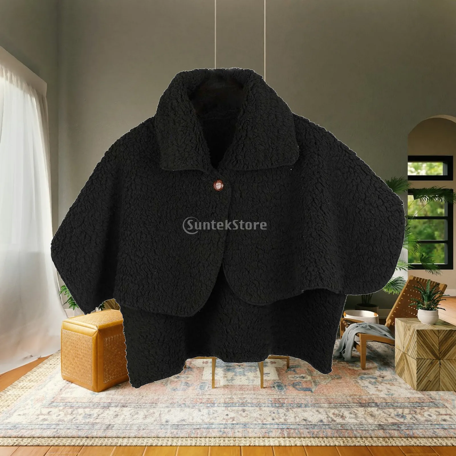 Ladies Thermal Fleece Shawl Wrap with Buttons Plush Poncho Blanket Cape for Cold Weather Winter