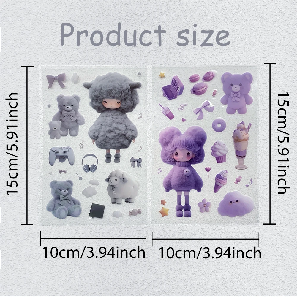 2Sheets Cartoon Cute Furry Transparent PET Stickers Decals For Phone Laptop Suitcase Scrapbook Refrigerator Aesthetic Stickers