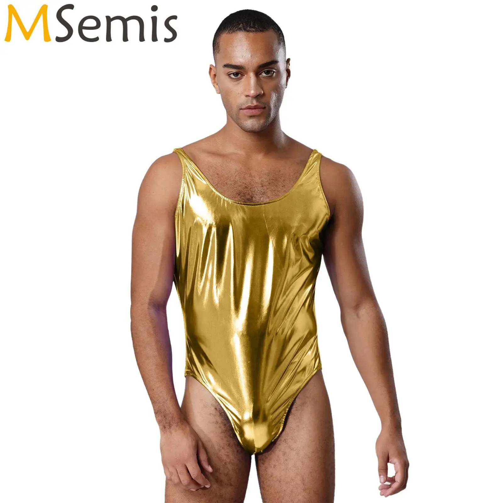 

Swimwear Mens Gymnastic Leotard Swimsuit Sleeveless Shiny Metallic Bodysuit Stage Performance Jumpsuit Rave Pole Dance Costume