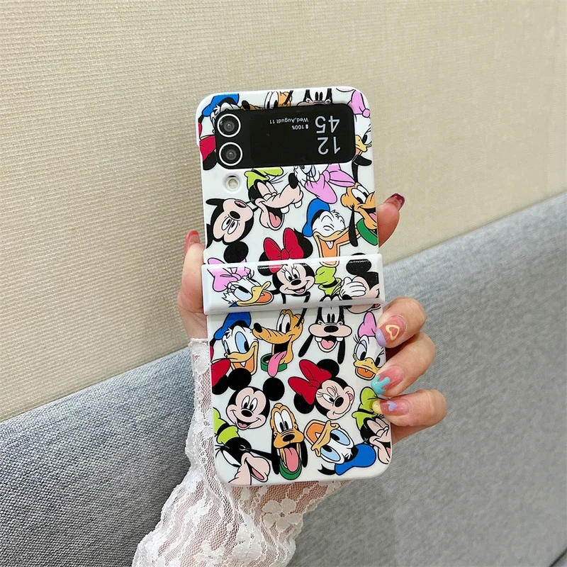 Cute Cartoon Disney Mickey Minnie Mouse Phone Case For Samsung Galaxy Z Flip 6 5 Hard Back Cover For Z Flip 3 4 With Lanyard