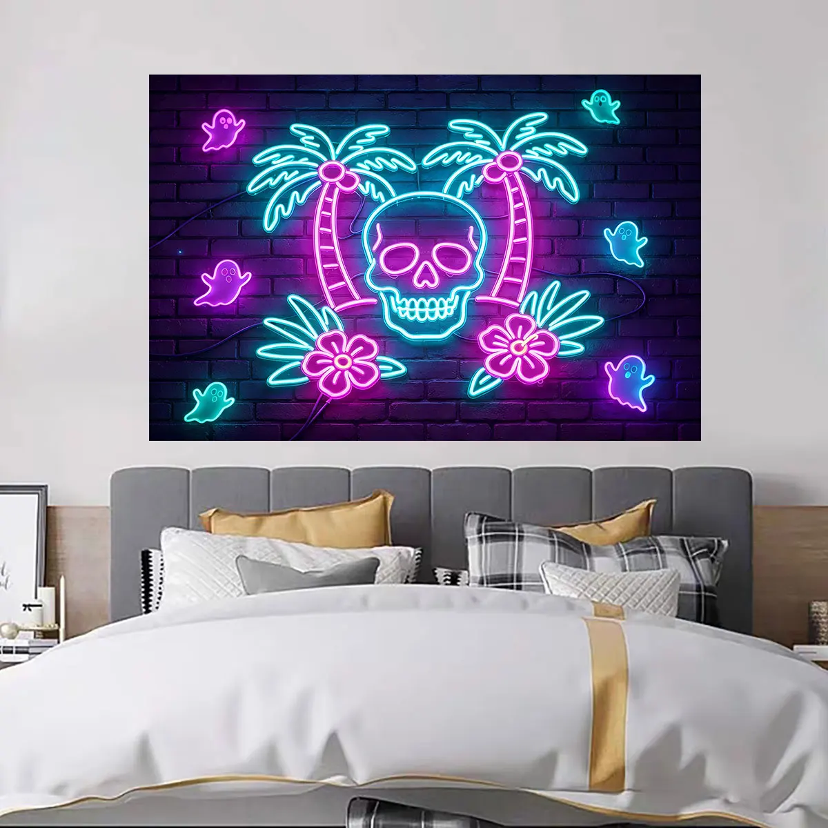Neon Light Wall Sticker Palm Tree Skeleton Purple Glow Tropical Halloween Wall Decal Removable Peel and Stick Home Decor view 3