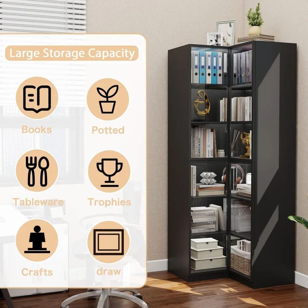 خزانة كتب زاوية كبيرة على شكل حرف L مع أبواب زجاجية، وخزانة عرض وإضاءة طويلة، وحل تخزين من 6 طبقات