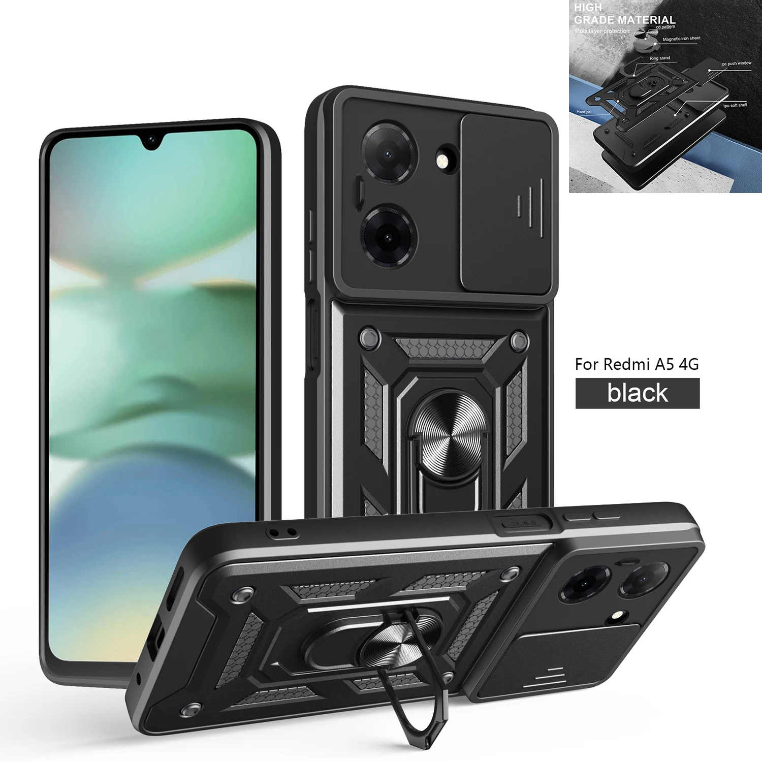 

For Redmi A5 171mm Armored Protective Shell With Magnetic RingFor Redmi A2 A1 Plus 13C 12C 10C Phone Case With Camera Protection