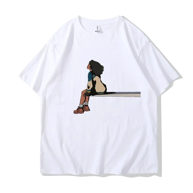 SZA SOS Anime Flat T-Shirt Women's Retro Comic T-Shirt 100% Cotton Cartoon T-Shirt Large Short Sleeve Plus Size Women's Top