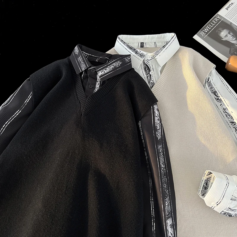 

Faionable Knitted Sweater Fake Two-Piece Men's Spring Autumn Sle Base Layer irt Trendy Casual Loose Fit Long Sve