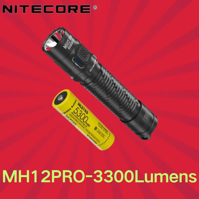 NITECORE MH12 Pro פנס קומפקטי נטען USB-C עם 3300 לומנס, מנורת חירום טקטית ידנית עם NL2153HP