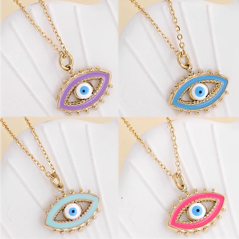 

Enamels Stainless Steel Pendants Necklace For Women Luxury Bohemia Geometric Evil Eyes Clavicle Chain Necklace Fashion Jewelry