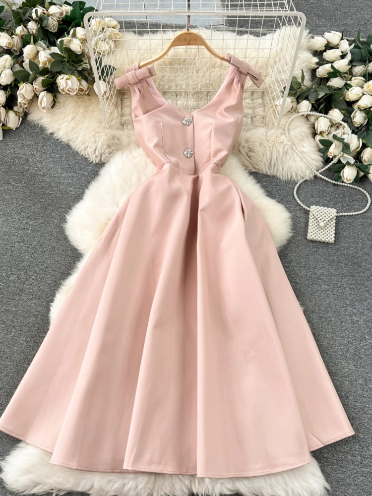 Palace Style Elegant Evening Party Dress Women Sexy V-neck A-line Sleeveless Vintage Dresses Ladies High Waisted Summer Robe