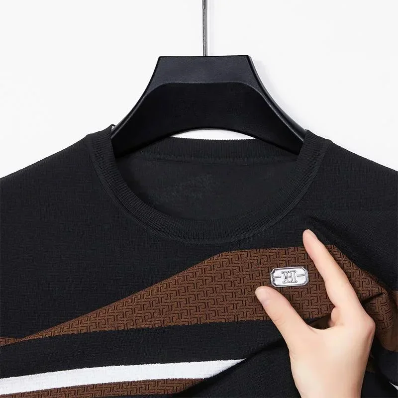 Men's round neck short-sleeved T-shirt striped sweater casual versatile half-sleeved trendy men's clothing tops