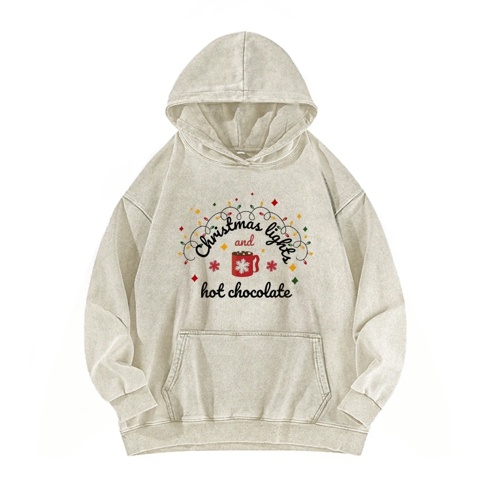 Christmas Lights and Hot Chocolate Casual Washed Hoodie Merry Family Christmas Sweatshirt Festive Women's Hooded Sweatshirt Top