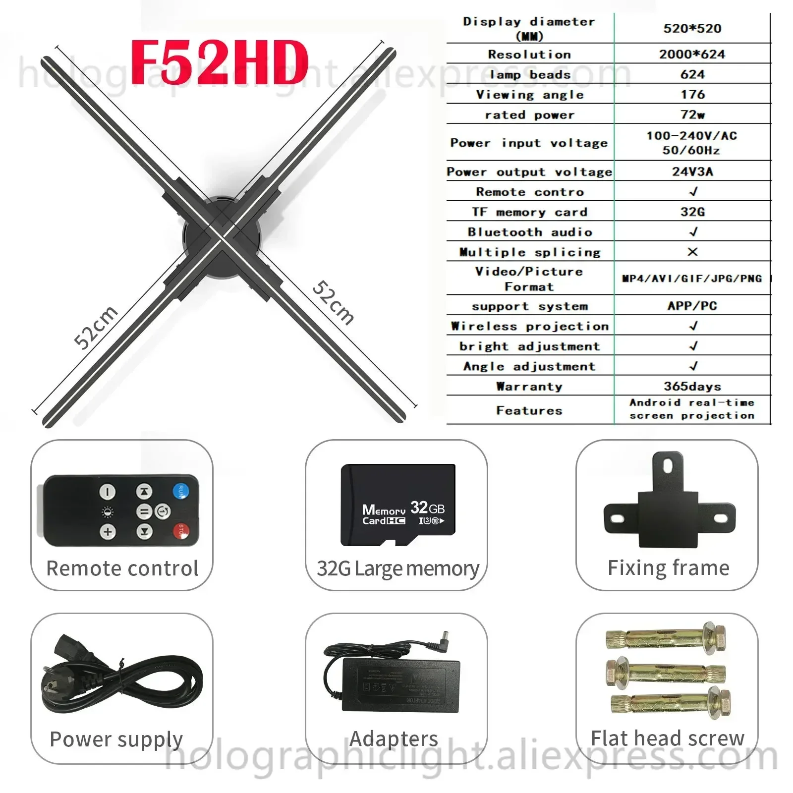 โปรเจคเตอร์พัดลมโฮโลแกรมความละเอียด HD 3D Wi-Fi 40-65ซม. ป้ายไฟ LED เครื่องเล่นโฮโลแกรมรองรับภาพวิดีโอร้านค้าการแสดงโฆษณา