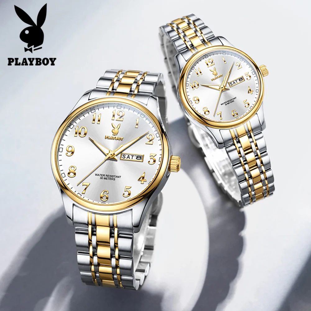 PLAYBOY Couple Watches Solid Steel Strap Classic Dual Calendar Digital Dial Luxury Lover's Quartz Wristwatch for Men Women 3533